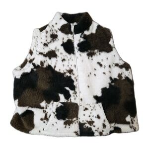 Women's Cow Print Zip-Up Sherpa Vest Plus Size 5X Brown/White With Pockets Warm